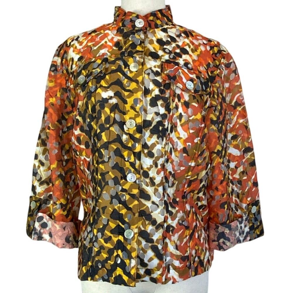 Ruby Rd. Jacket size 8 Red Orange Lace Lightweight Sheer Cut-Out Roll Tab Sleeve